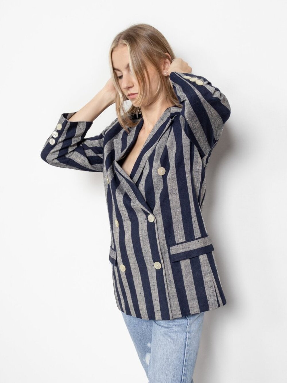 STRIPE LINEN BLAZER Double Breasted Vintage Small - Picture 7 of 10